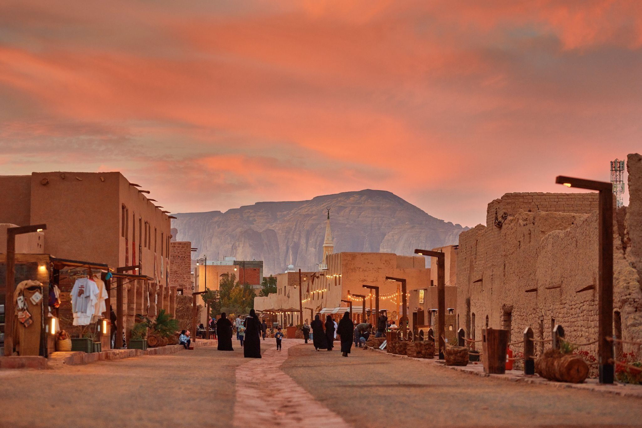 AlUla Old Town street at sunset Saudi Arabia
