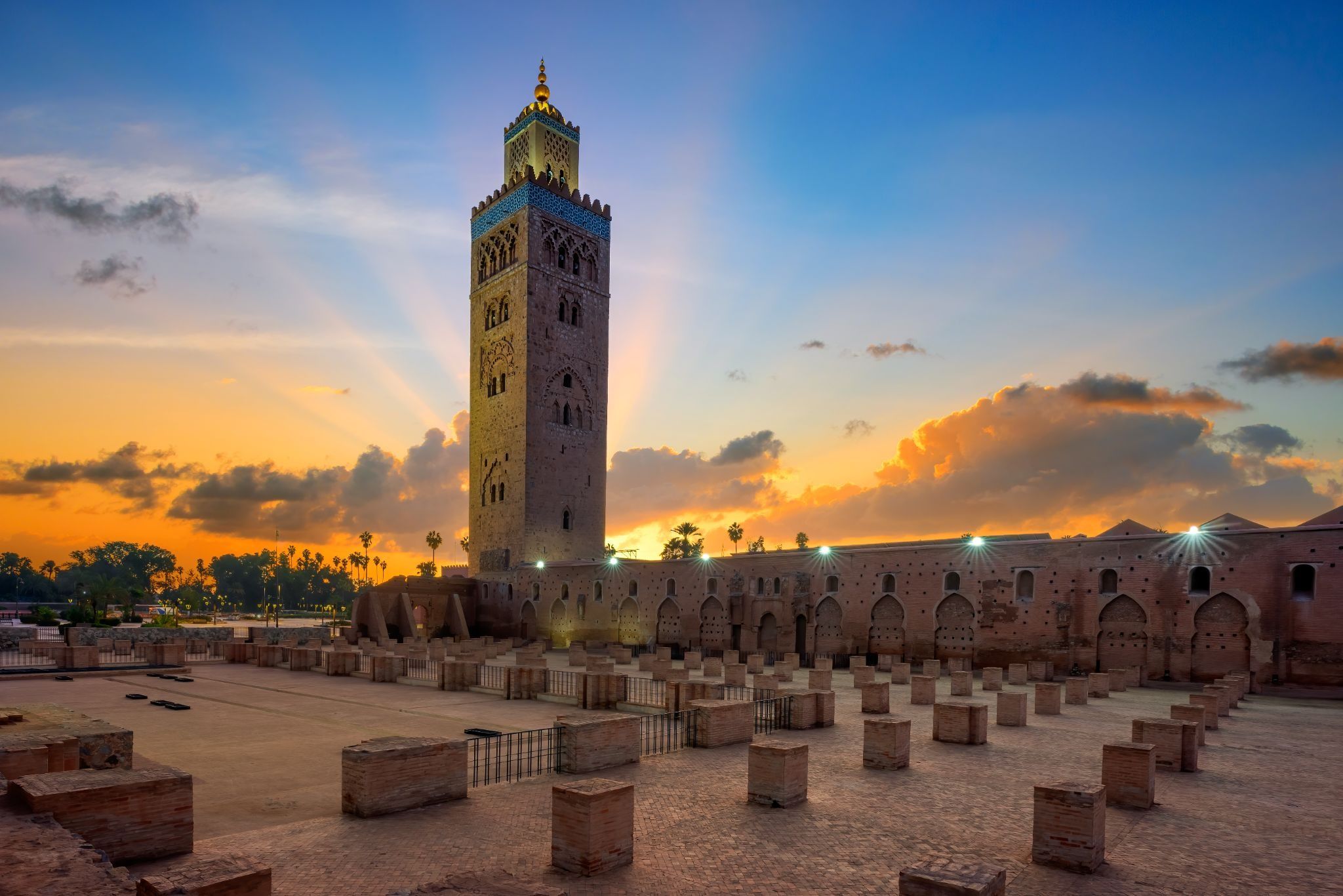 Koutoubia Mosque minaret at sunset, Marrakech Morocco