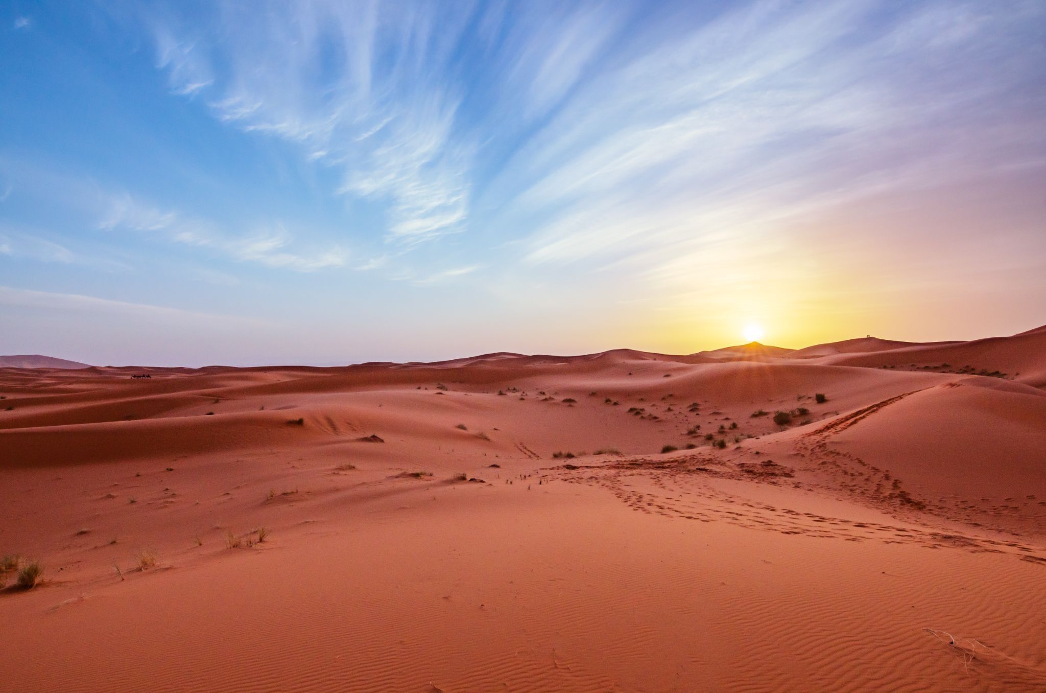 Sunset view of Sahara Desert dunes Morocco