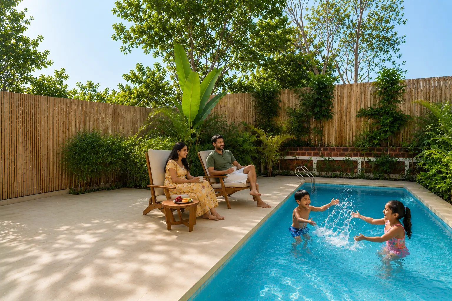 Family enjoying an Elivaas villa pool staycation