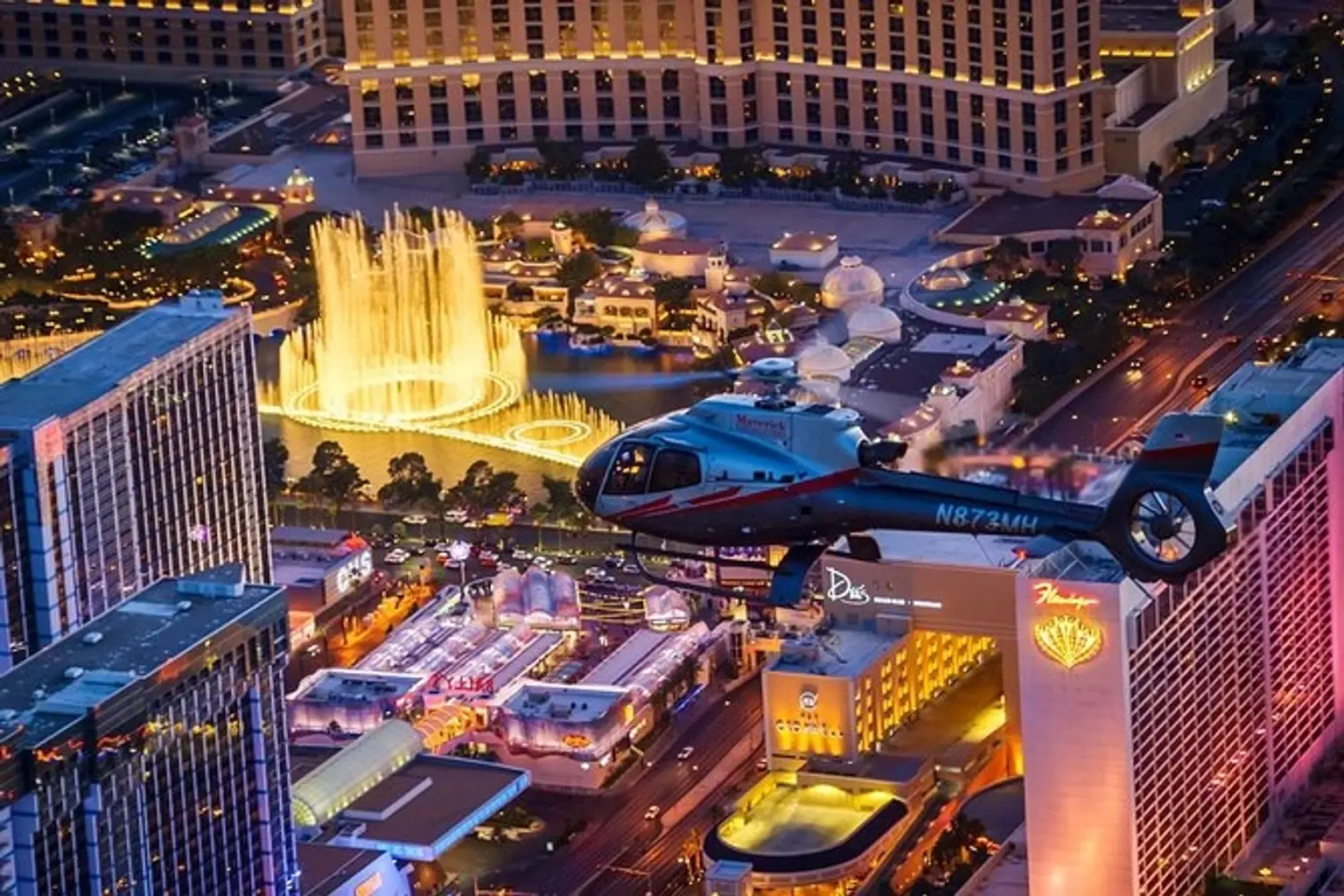 Night Helicopter Flight over Las Vegas Strip