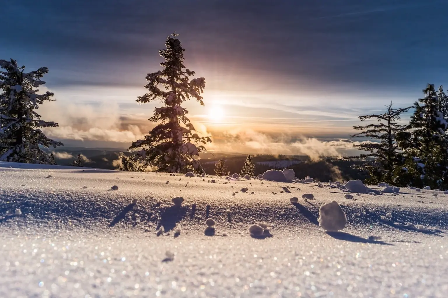 A picturesque winter landscape featuring a snowy mountain range and evergreen trees under a clear blue sky.